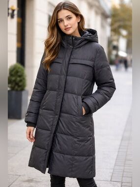 M Collection Black Hooded Puffer Coat
